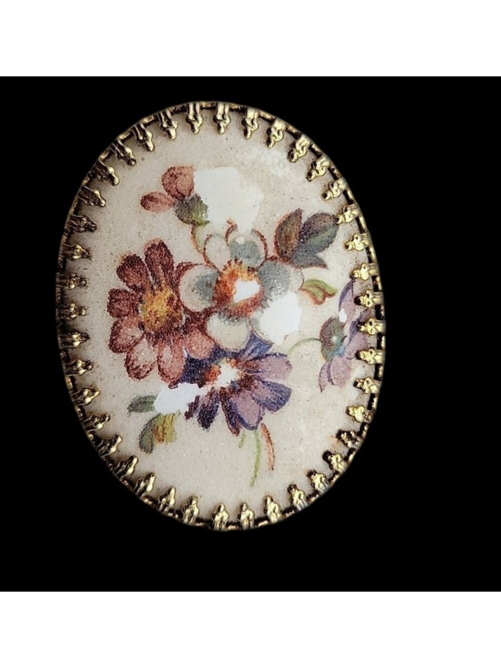 Vintage Western Germany Porcelian Sugar Oval Flower Brooch Gold Tone Frame